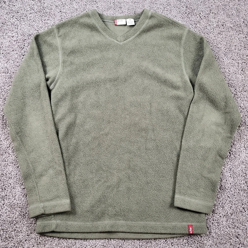 Vintage Levi's Red Tab Sherpa Fleece V-Neck Pullover Olive Green Mens Medium 90s